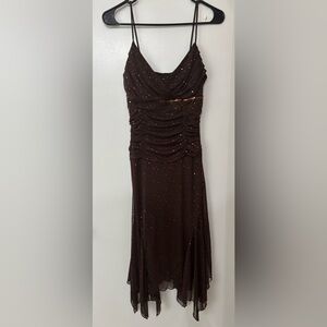 Y2K Brown Beaded Fairy Midi Dress Size Medium Whimsical Romantic